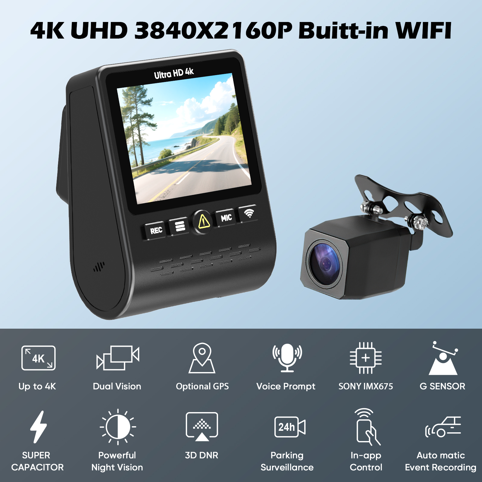 Hot Selling Black Car Dashboard Camera Dual Lens Full HD 4K Video Recorder with High Quality WIFI Function Vehicle Camera