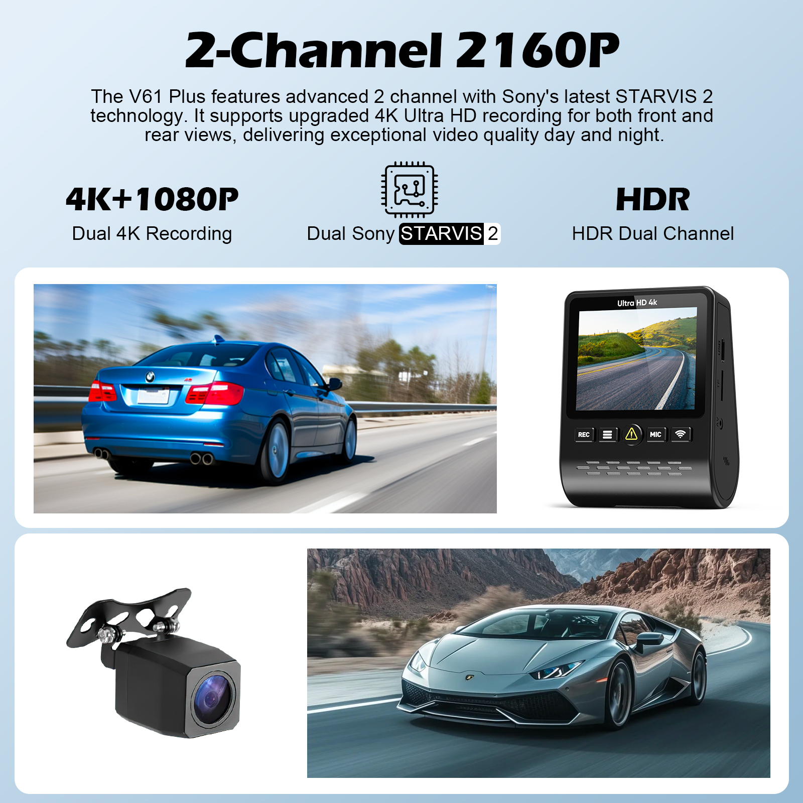 Hot Selling Black Car Dashboard Camera Dual Lens Full HD 4K Video Recorder with High Quality WIFI Function Vehicle Camera